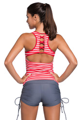 Red Active Striped Racerback Tankini and Swim Shorts